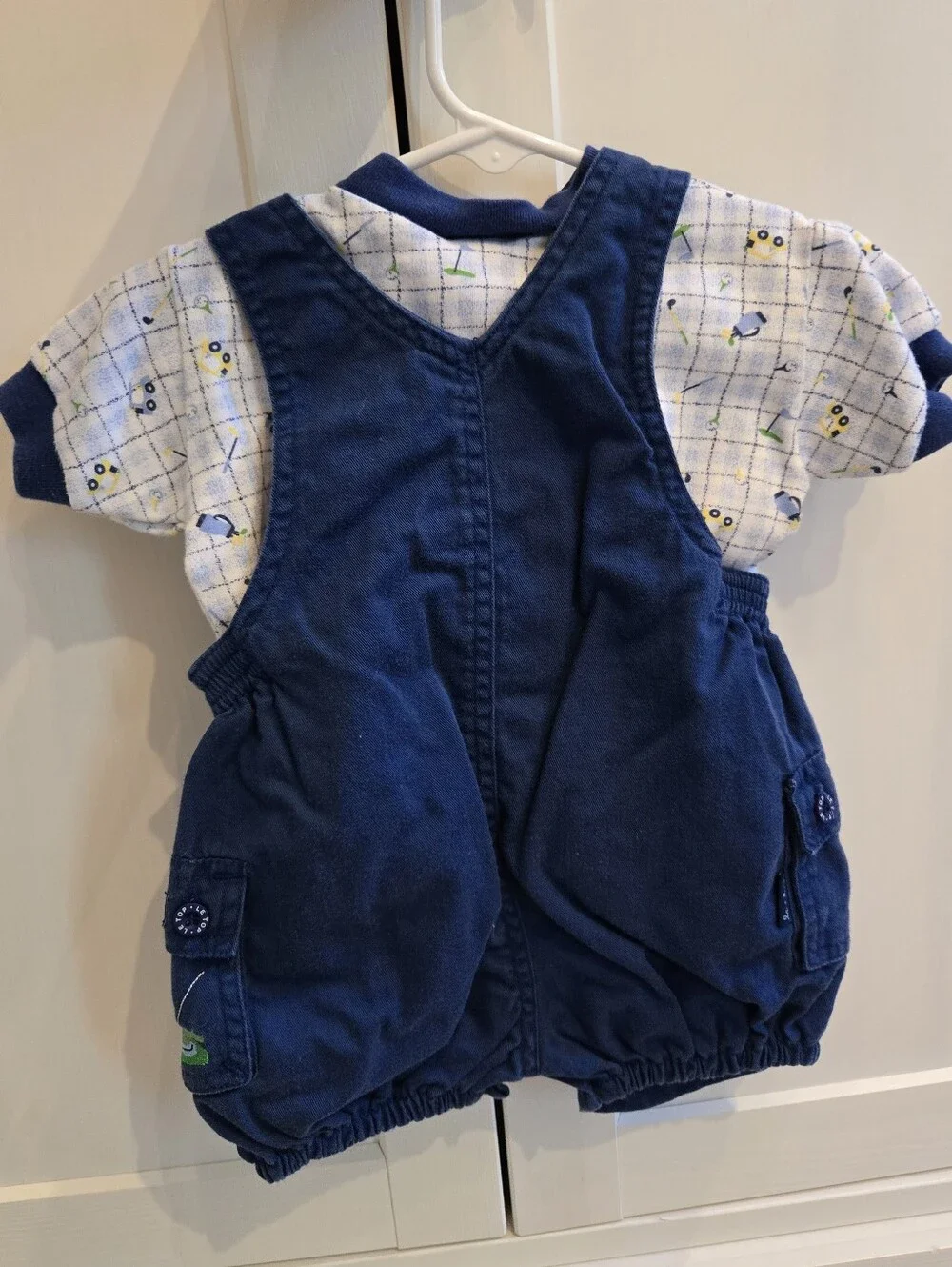 Vintage Y2k Le Top Navy Tractor Embroidered Overalls Shorts 2pc Set